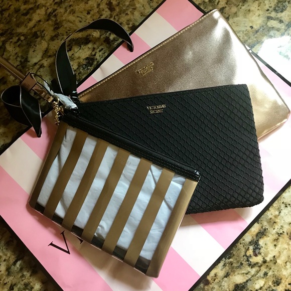 PINK Victoria's Secret Handbags - NWT VS 3 Piece TRIO Black/Gold Stripe Bags